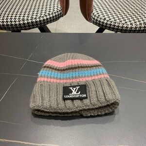 Gray Beanie with Pink and Blue Stripes
